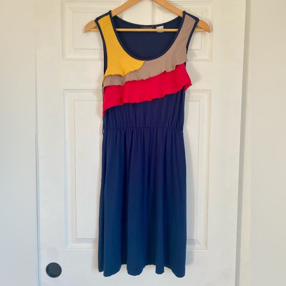 VENUS Colorblock Sleeveless Dress with Chest Ruffles - Navy, Red, Yellow, Tan